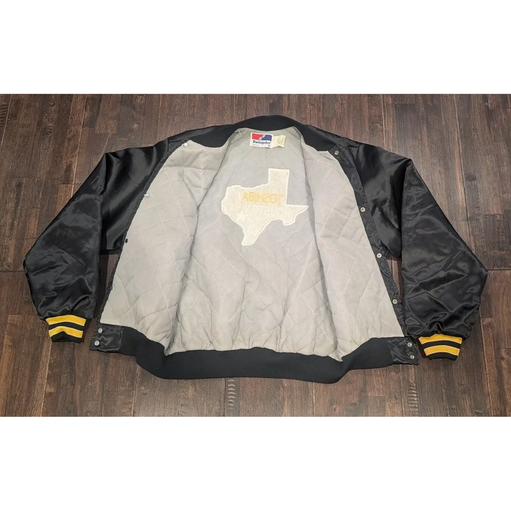 Vintage Swingster 80s USA Toshiba Houston Satin Bomber Jacket Quilt Lined Mens L